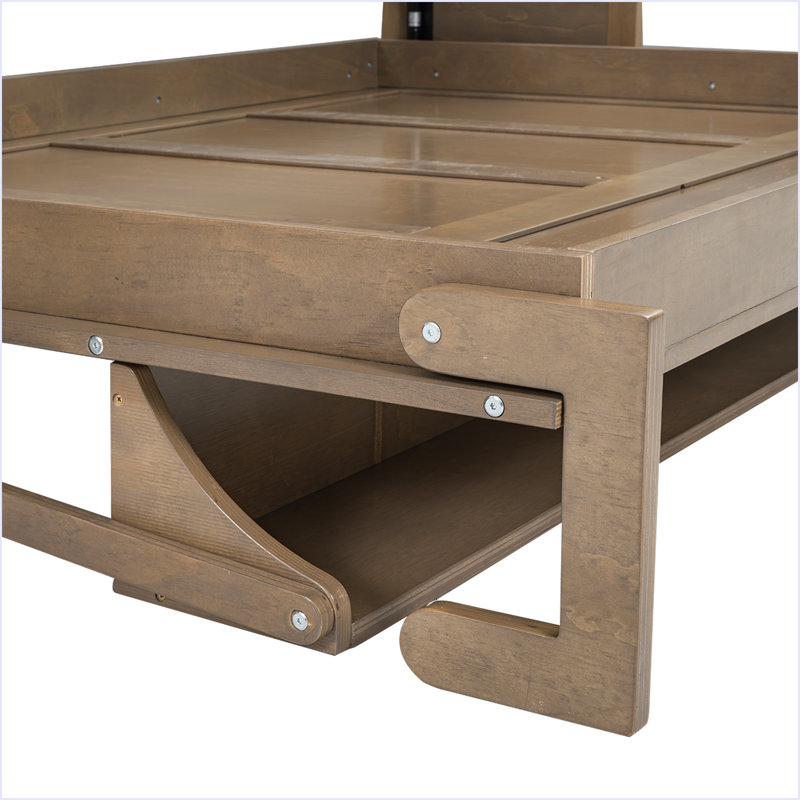 Lit escamotable avec garde-robe, tiroirs et tablettes ouvertes, bois antique