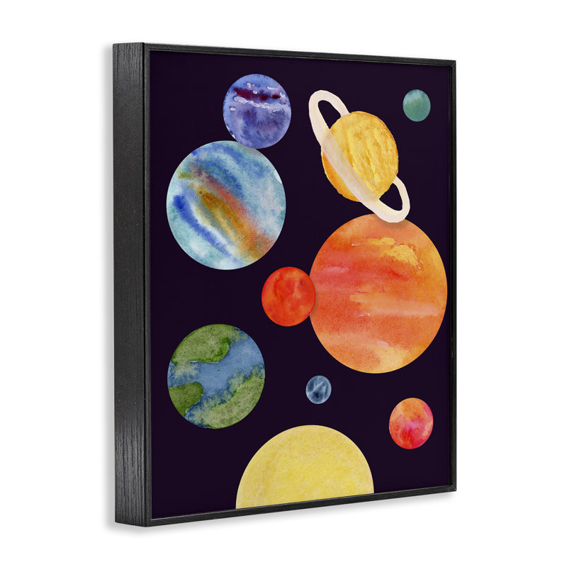Aquarelle planètes sur giclée encadrée noire, design par Corinne Rose Designs, H 30 po x l 24 po, Giclée encadrée noir minuit