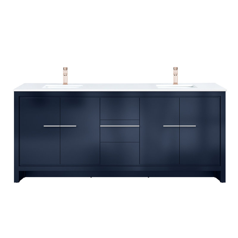 80 po L x P 20 po. Meuble-lavabo bleu marine avec surface en quartz blanc et robinet or rose - Design moderne
