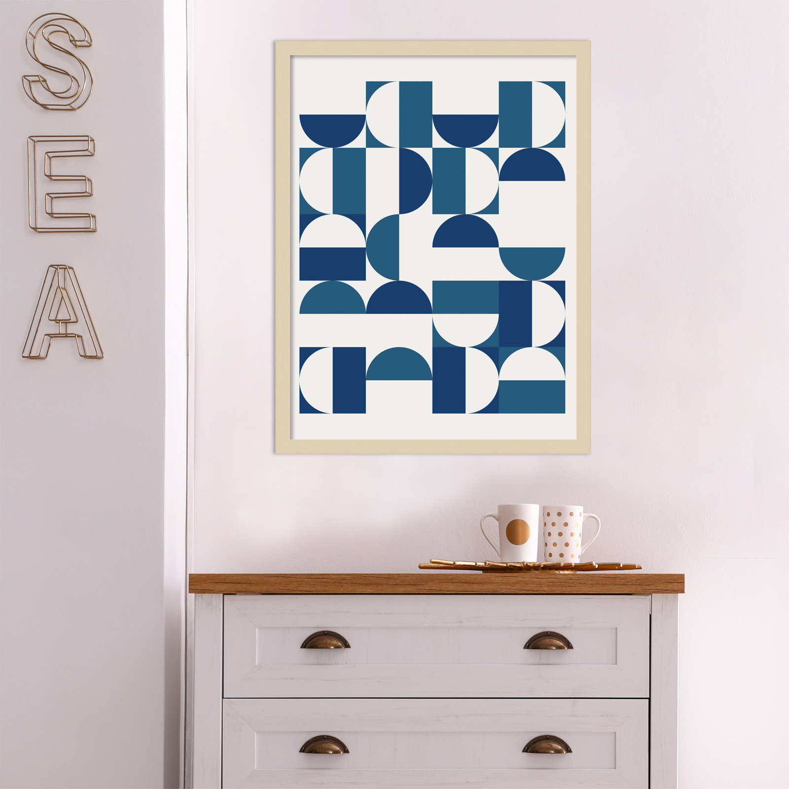 Bauhaus Geometric Blue and Teal Print, Brown, 25" H x 19" W x 1" D