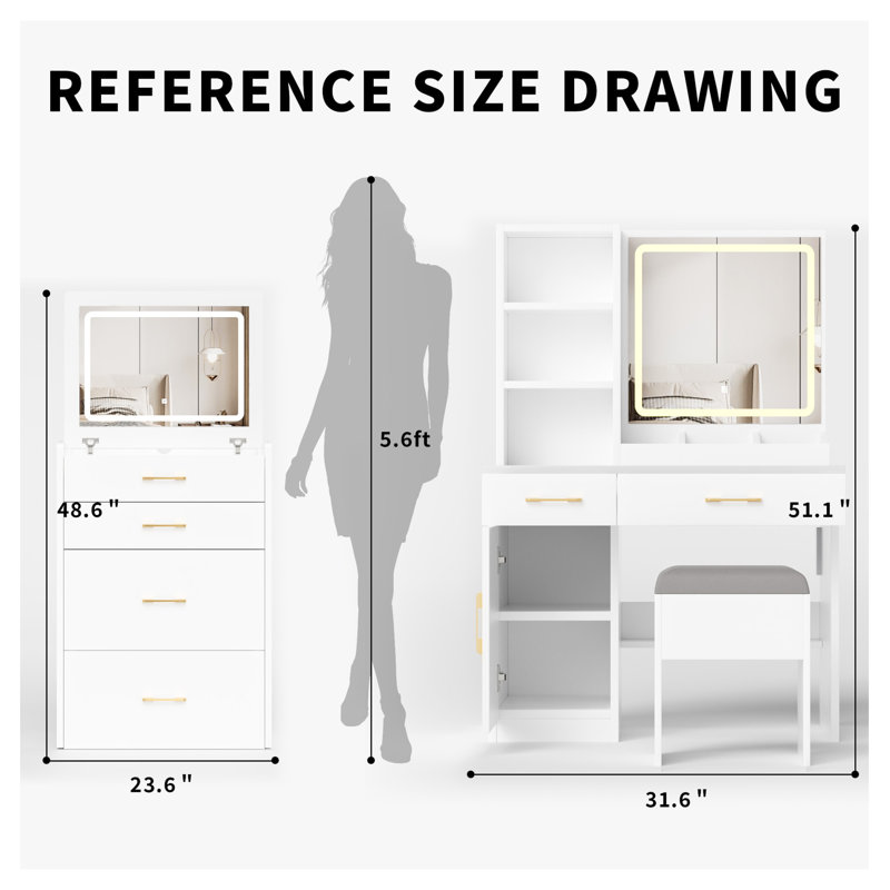 Vanity Table with 3-Light Modes, Power Outlet + Storage