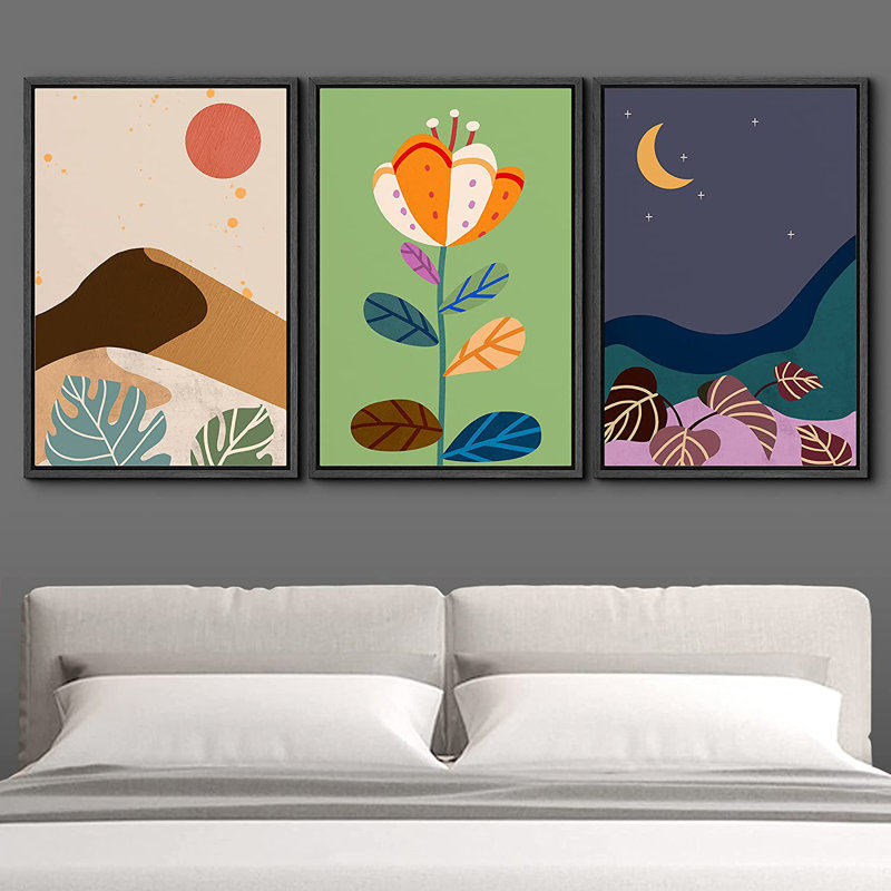 Multicolor Landscape Plants - 3 Piece Floater Frame Graphic Art on Canvas, Black, 24" H x 48" W x 1.5" D