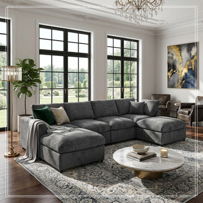130.3" 6-Seater Modular Sectional Sofa, Chenille Upholstered Couch with Solid Wood Frame, 2 Movable Ottomans, Includes 1 Throw Pillow, Deep Seat Modern Sofa Set for Living Room and Apartment