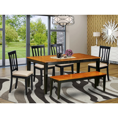 6 Piece Dining Room Set Contains a Rectangle Kitchen Table with Butterfly Leaf and 4 Linen Fabric Dining Chairs with a Bench, Black & Cherry