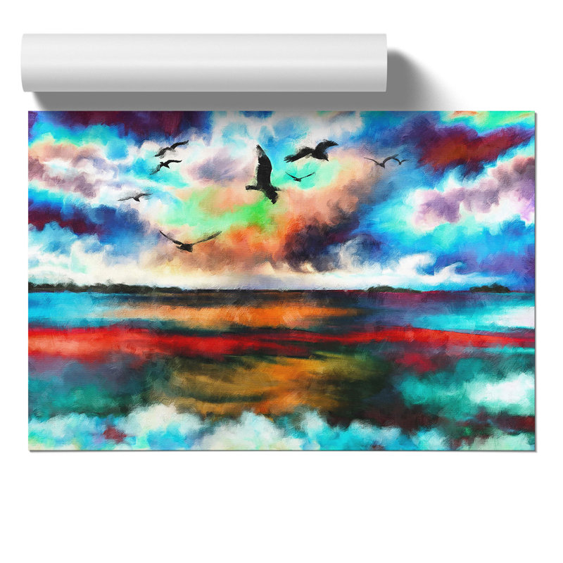 Birds Over A Colourful Ocean - No Frame Painting, 42cm H x 59cm W x 0.1cm D