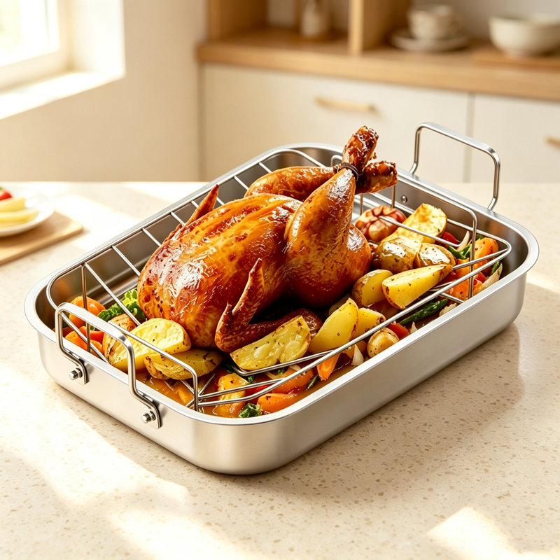Stainless Steel Roasting Pan with V-Shaped Rack, Heavy Duty Rectangular Roaster with Riveted Handles for Turkey Chicken Ribs Vegetables, Dishwasher Safe