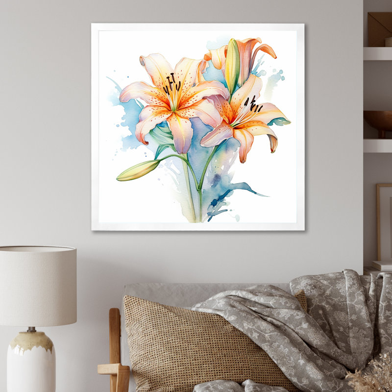 Aquarelle élégante lis pureté II sur toile, Cadre simple blanc, H 30 po x l 30 po x P 1 po