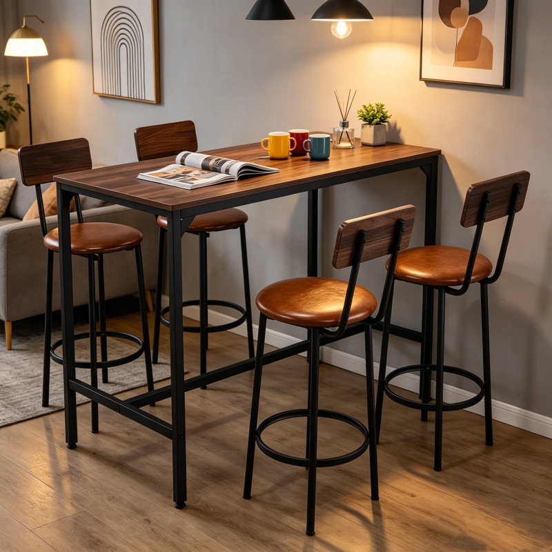 The Walnut Wood And Black Five-Piece Bar Table And Chair Set Features A Long Table With Four Bar Stools, And The Rounded Corners Make It Suitable For Various Settings Including The Dining Room, Kitchen, And Living Room.