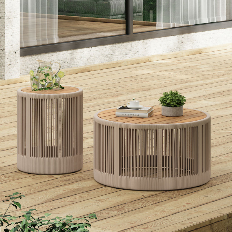 Ensemble de table industrielle rustique, table basse et table d'appoint avec design en corde tissée, ensemble de table élégant et fonctionnel moderne pour le salon et la décoration intérieure - corde beige