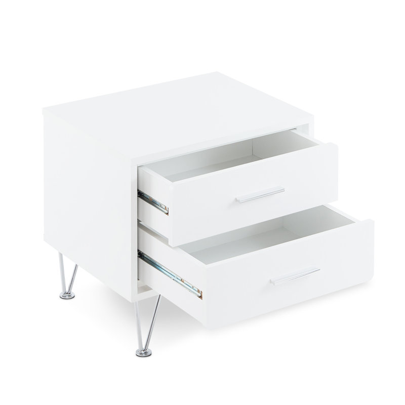Table blanche avec 2 tiroirs et cadre en bois, pieds en métal rectangulaires blancs,