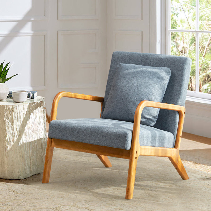 Fanci 25.6" Wide Accent Chair, Blue Linen / Medium Yellow Wood