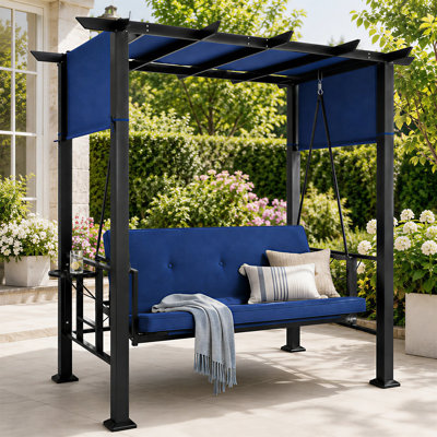 3-Seater Outdoor Metal Patio Swing with Adjustable Canopy, Convertible 2-in-1 Reclining Porch Swing with Foldable Side Table & Weather Resistant Cushion for Backyard Garden Poolside