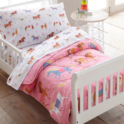 Wildkin Toddler Bed in a Bag – 4-Piece Microfiber Bedding Set with Comforter, Pillowcase & Sheets - Horses