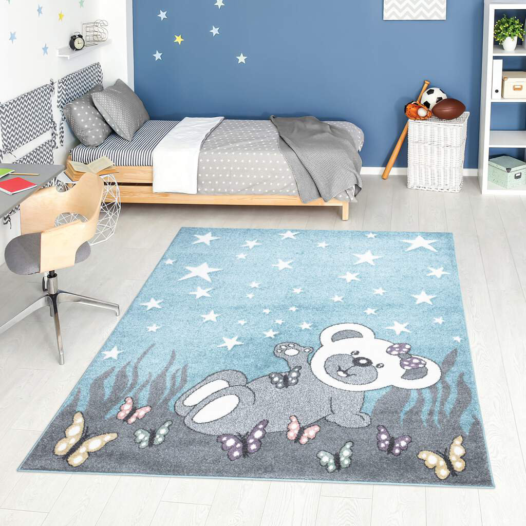 Kinderteppich Blau - 140X200 Cm - Teddy-Bär, Schmetterlinge, Sterne - Kinderzimmer-Teppich Kurzflor