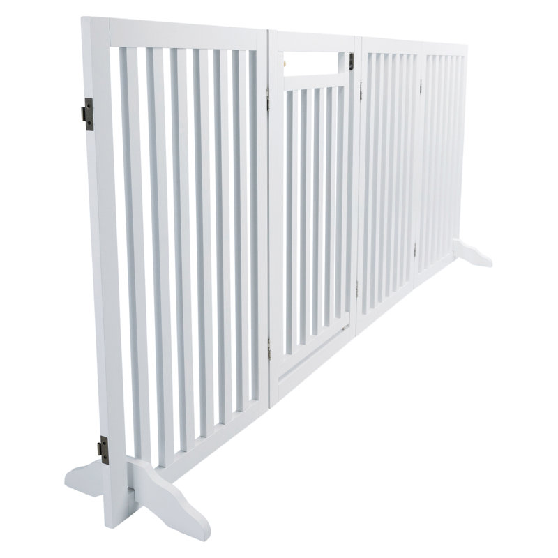 White Freestanding 4-Panel Wooden Pet Gate with Walk-Through Door