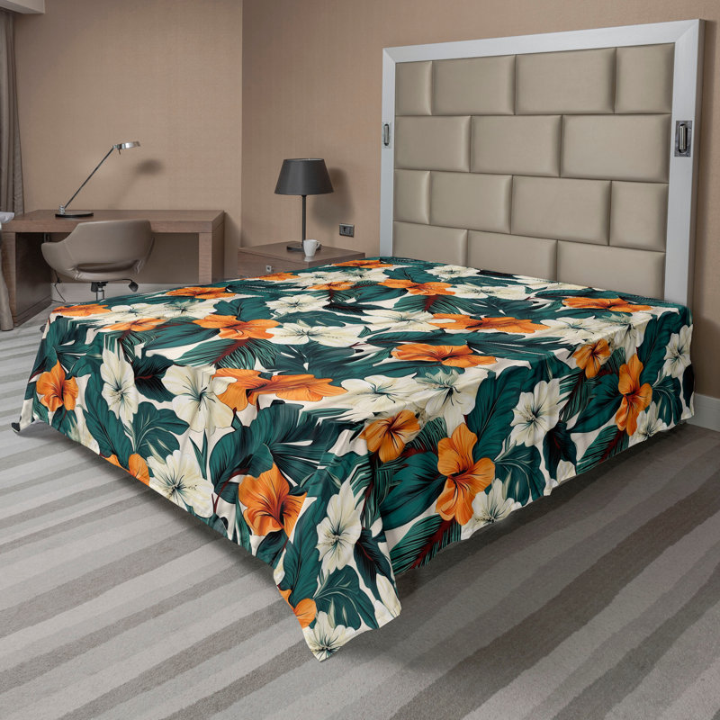 Floral Flat Sheet, Dark Teal Marigold and Ivory