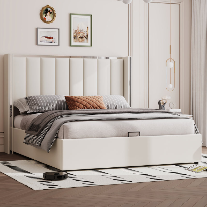 Modern Upholstered Storage Bed With Hydraulic Lift-Up Storage, European Double (140 x 200 cm), White