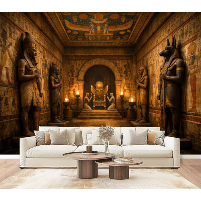 Peel and Stick Wallpaper Ancient Egyptian Temple Corridor Hieroglyphic Walls Stone Statues Wall Murals 69"H x 96"W Removable PVC Wall Paper Self-Adhesive Wall Decor for Bedroom Living Room Home Office