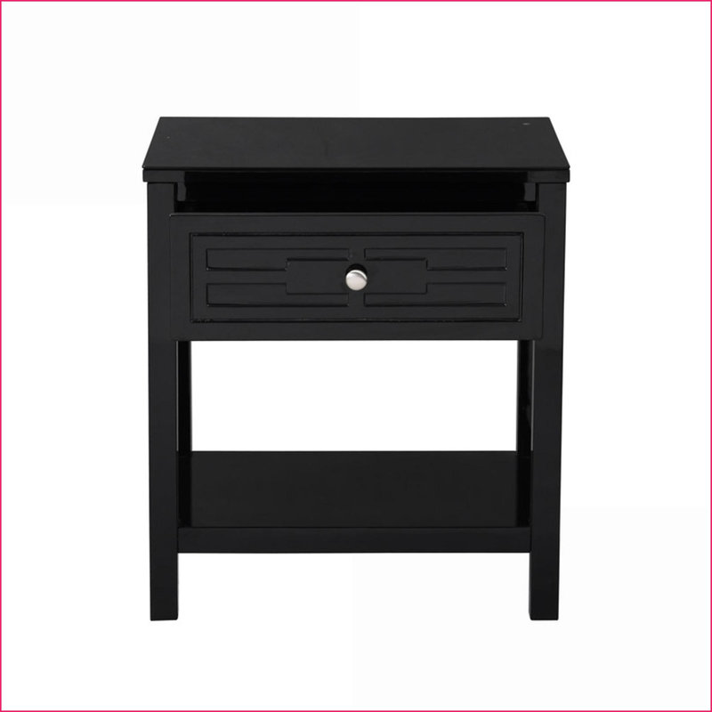 Dylan 23” Black Wooden Nightstand with Glass Top &amp; Drawer, Black