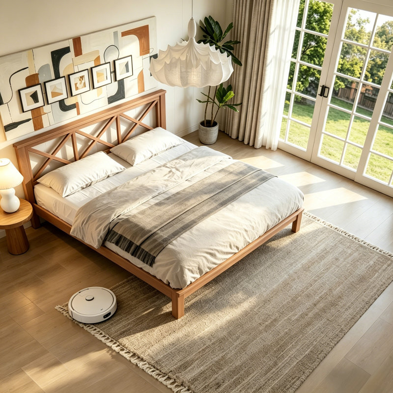 Queen Size Platform Bed With X-design Headboard,bamboo-made Bed Frame With Suppport Slats, Mid-century Modern Platform Bed  For Bedroom, Guest Room, No Box Spring Needed, Brown.