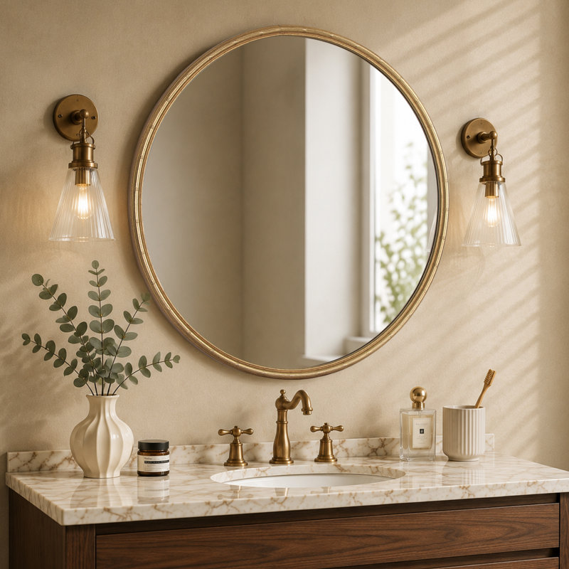 Bamboo Textured Round Wall Mirror, 32"