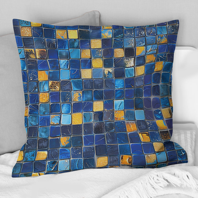 Blue Yellow Mosiac Tiles III - Modern Throw Pillow, 16"H x 16"W