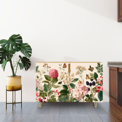 Sideboard Buffet Cabinet with Storage Spring Meadow Floral Butterfly Botanical Watercolor Design with 2 Doors for Living Room and Kitchen