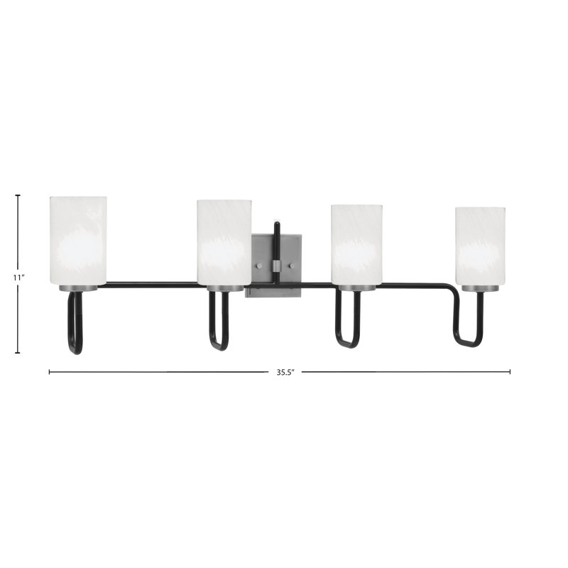 Barre d'éclairage de salle de bain 4 lumières Amarmula, noir mat et finition graphite, verre marbré blanc 4 po, Noir / nickel