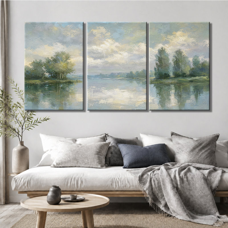 Toile, art doux, rivière, forêt, nuage, impressionniste, peinture à l'huile, paysage naturel, décoration murale