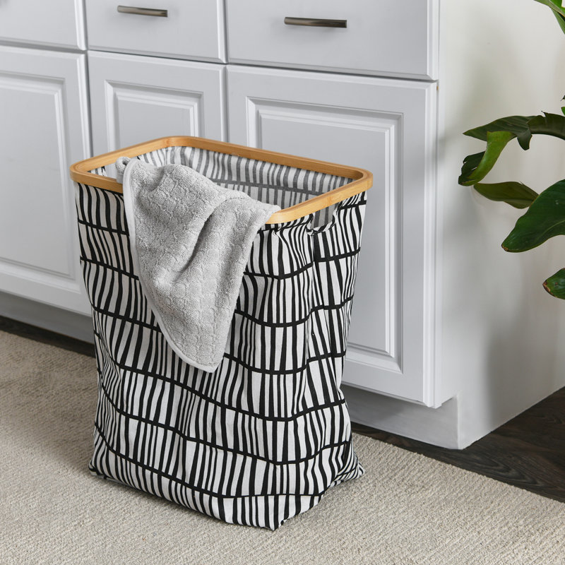 Bamboo Rimmed Rectangular Krush Container Basket with Cut Out Handles and Collapsible Coated Canvas, Black/White/Brown