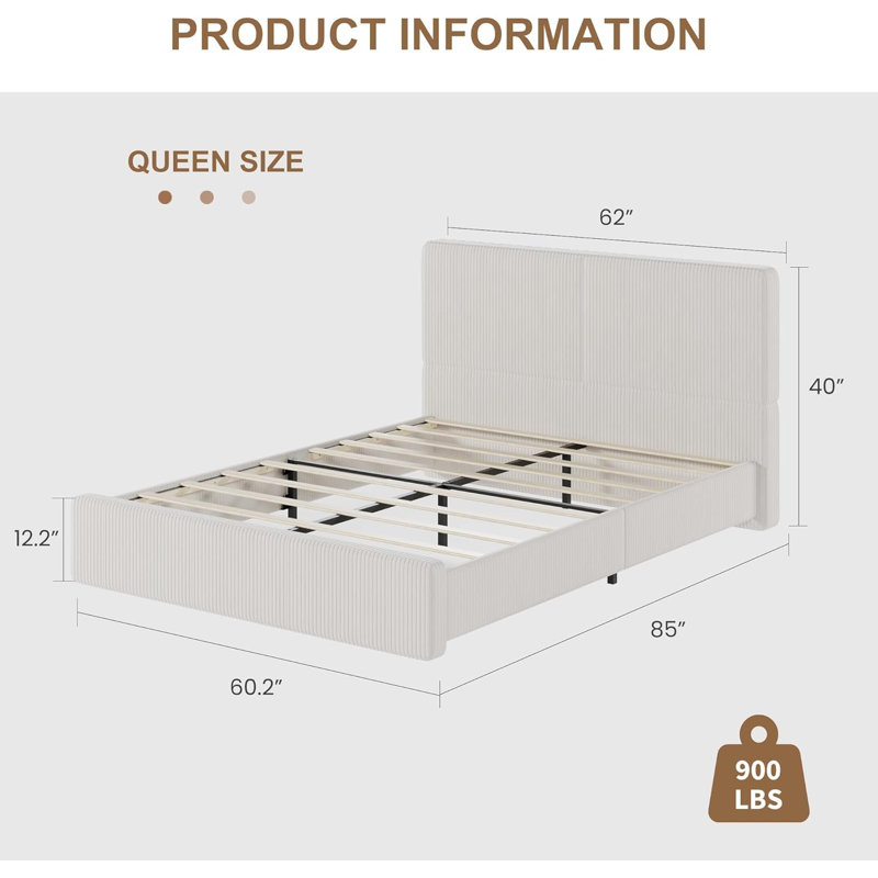 Cadre de lit tapissier grand, lit plateforme avec tête de lit, aucun sommier requis, capacité de 900 lb, assemblage facile et silencieux, blanc
