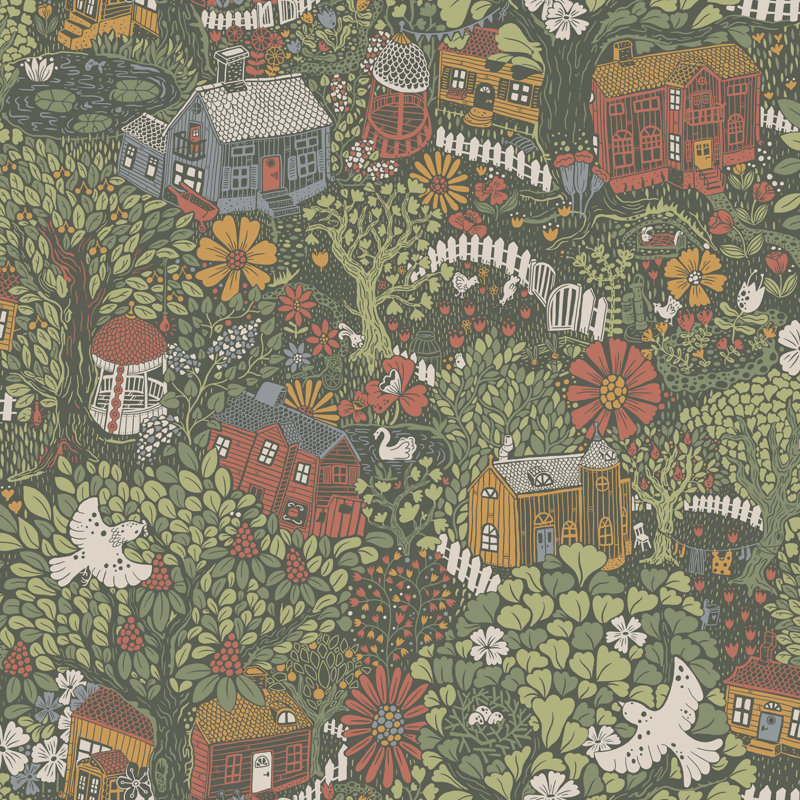 Rumill Bygga Bo Scaninavian Villiage Flowers 10.05m x 53cm Wallpaper Roll, Dark Green/Red