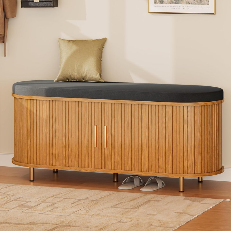 Banc de rangement de chaussures Mid-Century moderne avec coussin lavable, Chêne