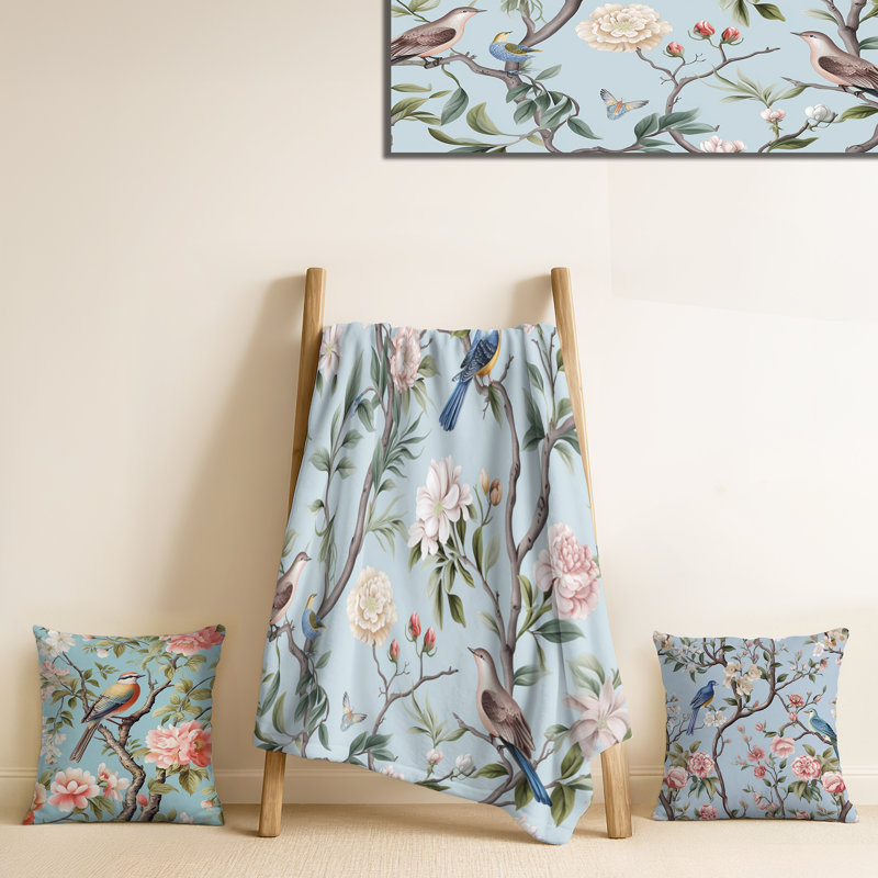 Ensemble de couverture et oreiller Minimalisme Bird On Flowers VII - Bird Soft, Throw blanket with two pillows (3-piece set)