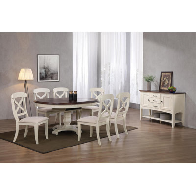 Ensemble de salle à manger extensible 8 pièces 48 po rond ou 66 po Zechari | Table papillon à feuilles | Buffet avec grande tablette 3 tiroirs et 2 armoires de rangement | Blanc antique et brun châtaignier | Sièges 6