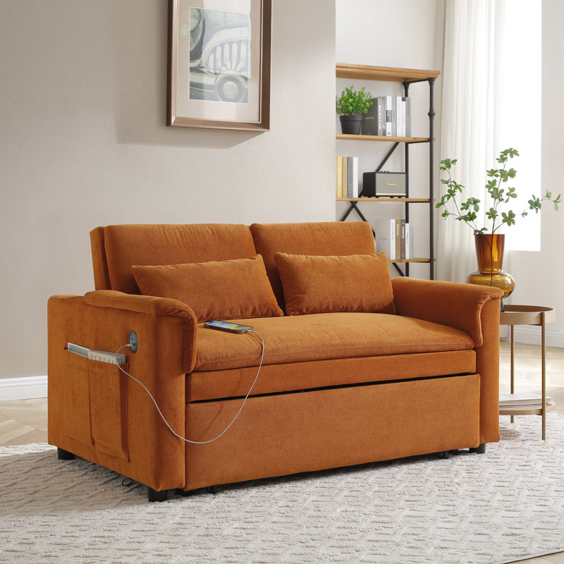 Convertible Loveseat Sleeper Sofa Couch with Adjustable Backrest, 2 Seater Sofa With Pull-Out Bed with 2 Lumbar Pillows