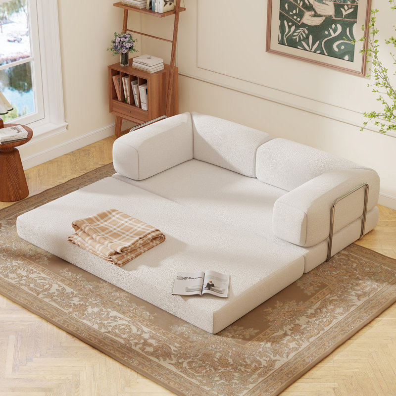 78.74" Wide Foldable Convertible Compression Sleeper Sofa Bed with High-Density Foam and Removable Mattress (Set of 2), Beige