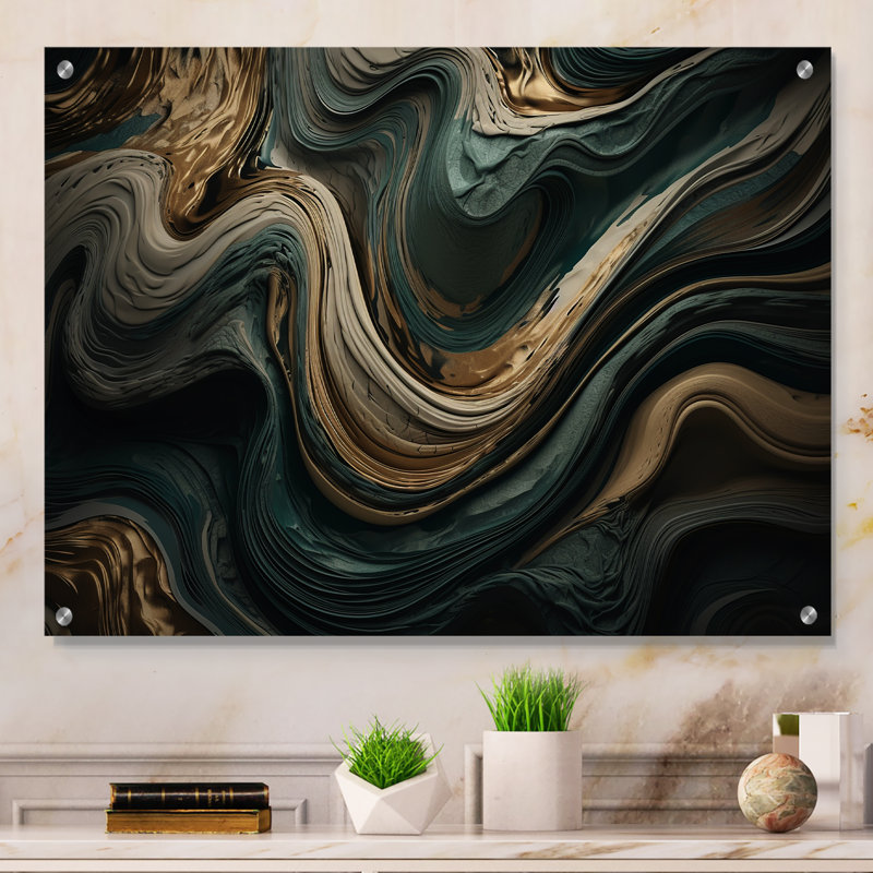 Vague ondulée, œuvre d'art abstraite à l'encre liquide acrylique, H 16 po x l 32 po