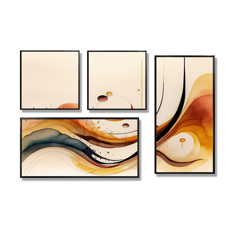 «Burnt Orange Waves Abstract V - Large Abstract Minimalisme», art mural 4 pièces, Noir