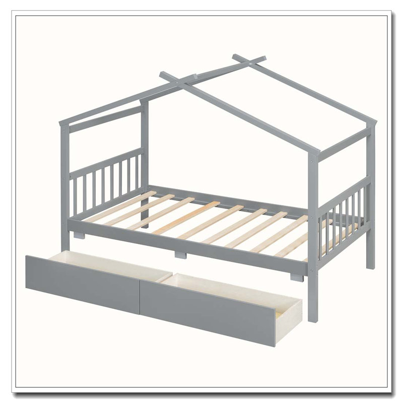 Lit en bois avec tiroirs, gris, Simple