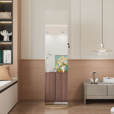 Armoire à bijoux pivotante à 360 ° avec miroir pleine longueur, organisateur d'armoire à bijoux sur pied pivotant à 360 °, armoire de rangement verrouillable, miroir intérieur éclairé, brun