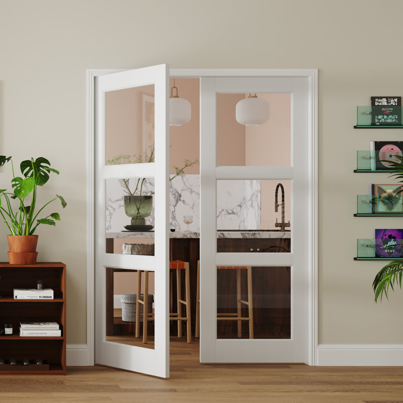 Dalle de porte 3 pièces en verre transparent de fabrication en bois blanc apprêté avec dalle de porte intérieure (sans charnière et quincaillerie d'installation / poignées)