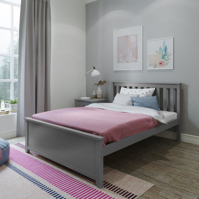 Solid Wood Platform Bed with Slat Headboard , Gray, Full