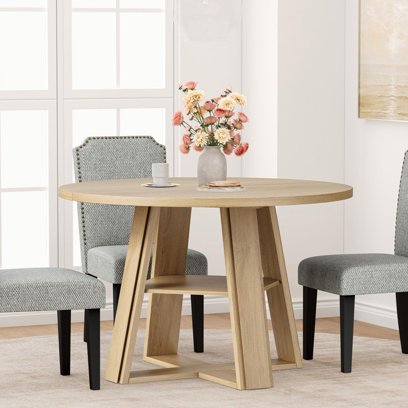 Table de salle à manger ronde 43,3 "pour 4-6 - Table de cuisine circulaire avec base en piédestal en bois et tablette de rangement, peu encombrante - pour la cuisine, le salon, l’appartement