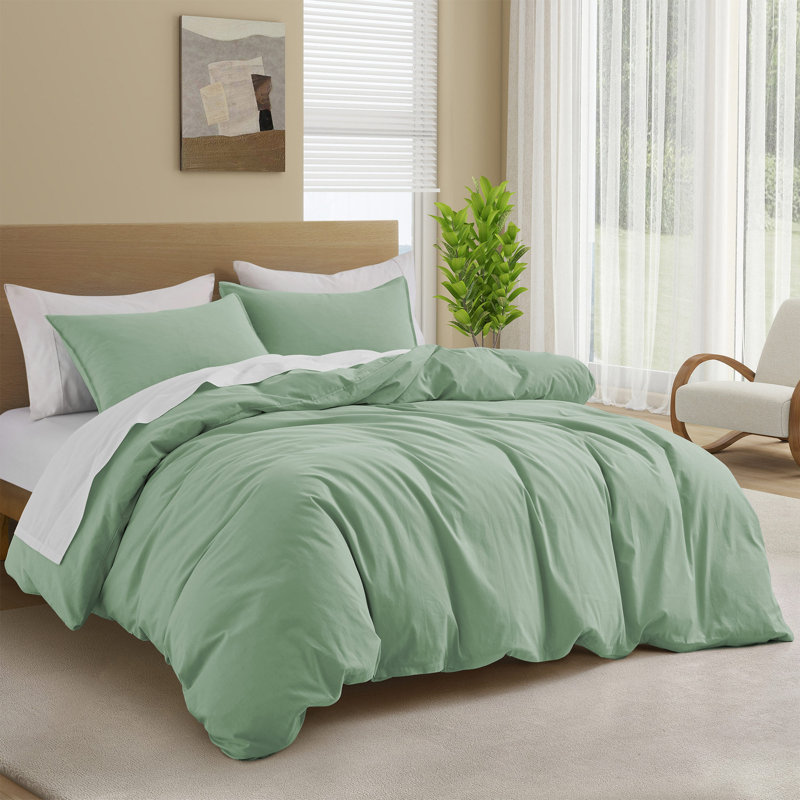 Cotton Duvet Cover Set, Queen Duvet Cover + 2 Pillowcases, Green