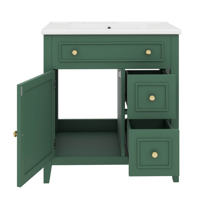 Meuble-lavabo moderne de 30 po avec comptoir en céramique avec porte et deux tiroirs, Vert, Doré