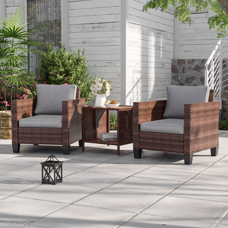 Ensemble de conversation pour patio en osier 3 pièces avec coussins Keyonta, ensemble de meubles d'extérieur toutes saisons pour terrasse
