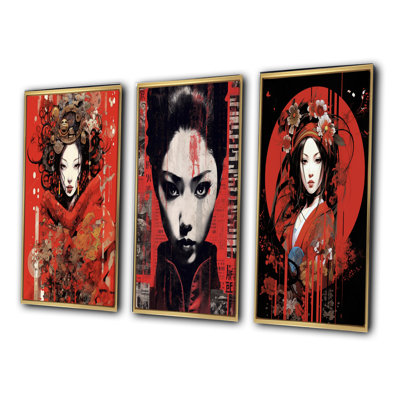 «Beauté orientale rétro en rouge et noir II», 3 pièces sur toile
