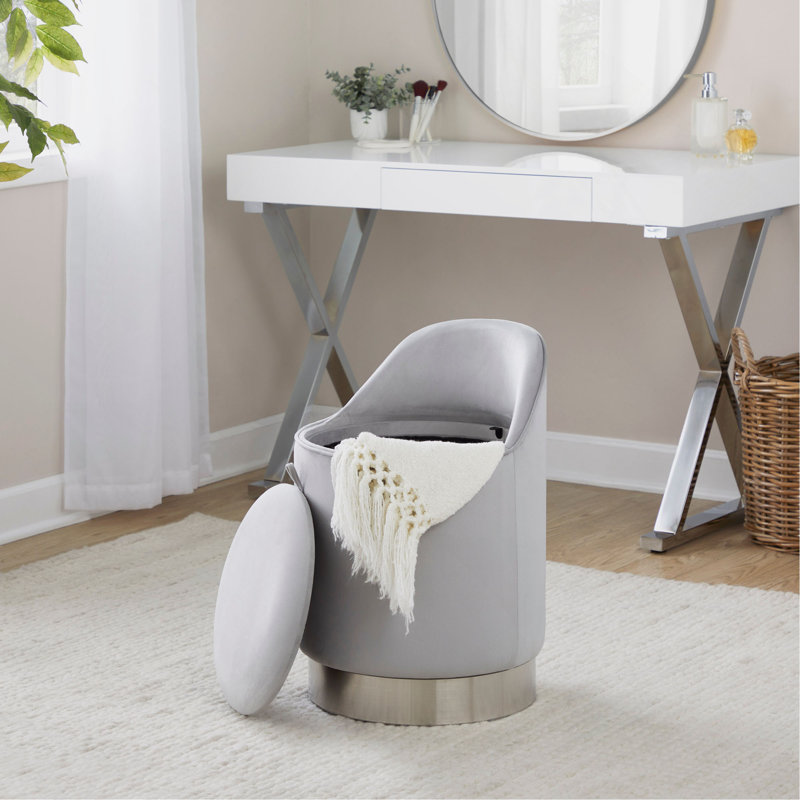Tabouret de coiffeuse 18 po avec pivot en métal doré et velours, Gris, Argent