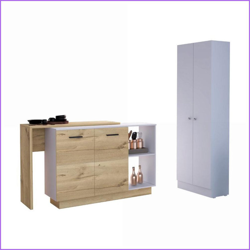 Îlot de cuisine 2 pièces Ensemble de garde-manger, blanc cassé & amp; Bois manufacturé en chêne clair | Blanc | Panneau de fibres à densité moyenne